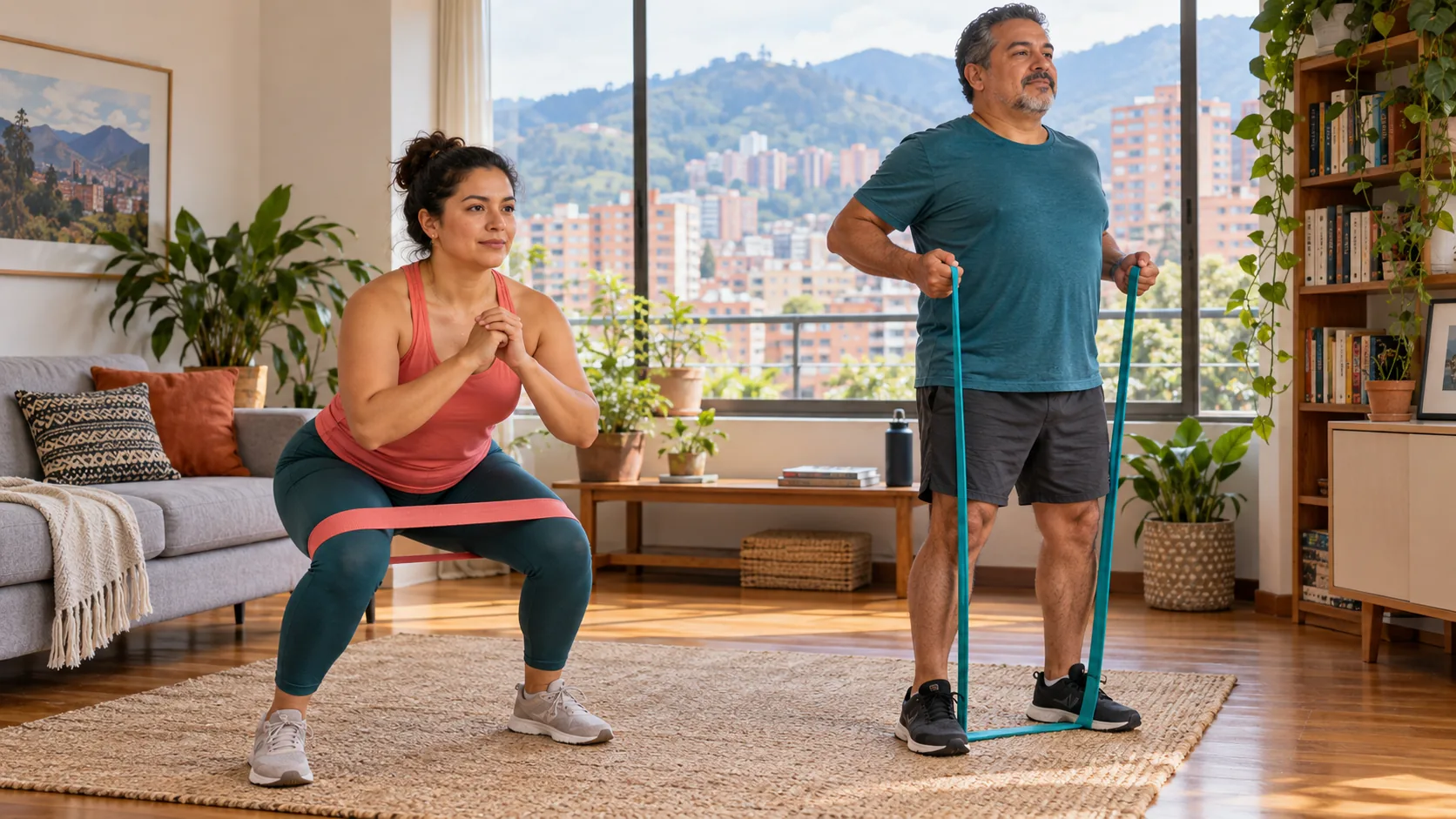 Dos adultos latinoamericanos entrenan sentadilla y remo con bandas elásticas en un apartamento de Bogotá