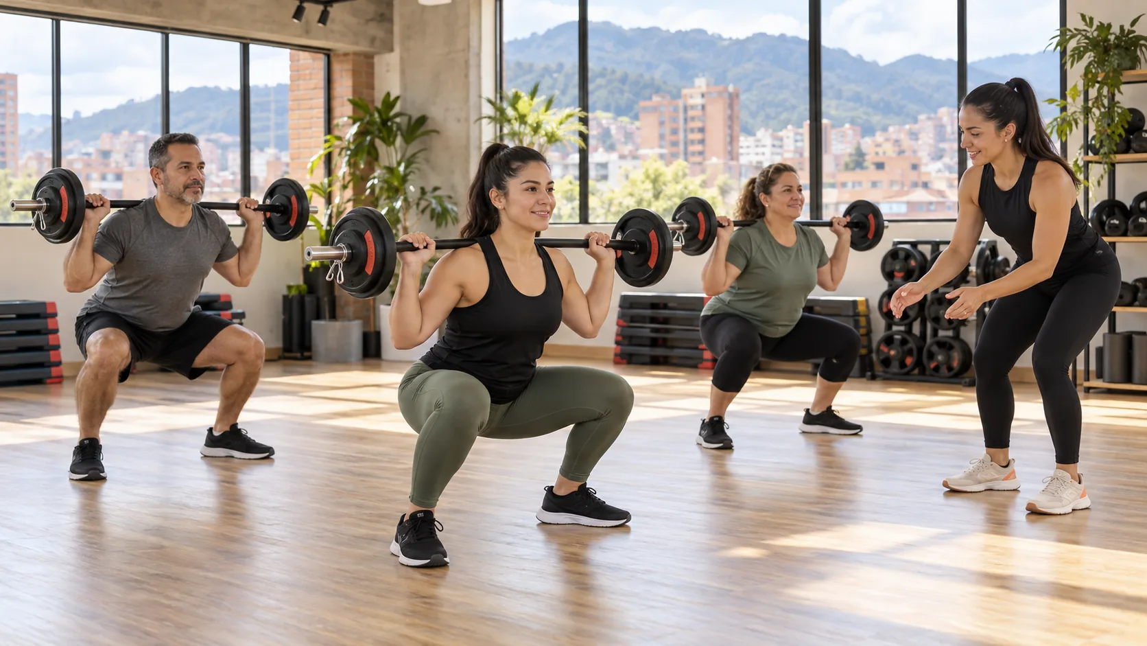 Adultos latinoamericanos practican sentadillas con barras ligeras durante una clase grupal en Bogotá