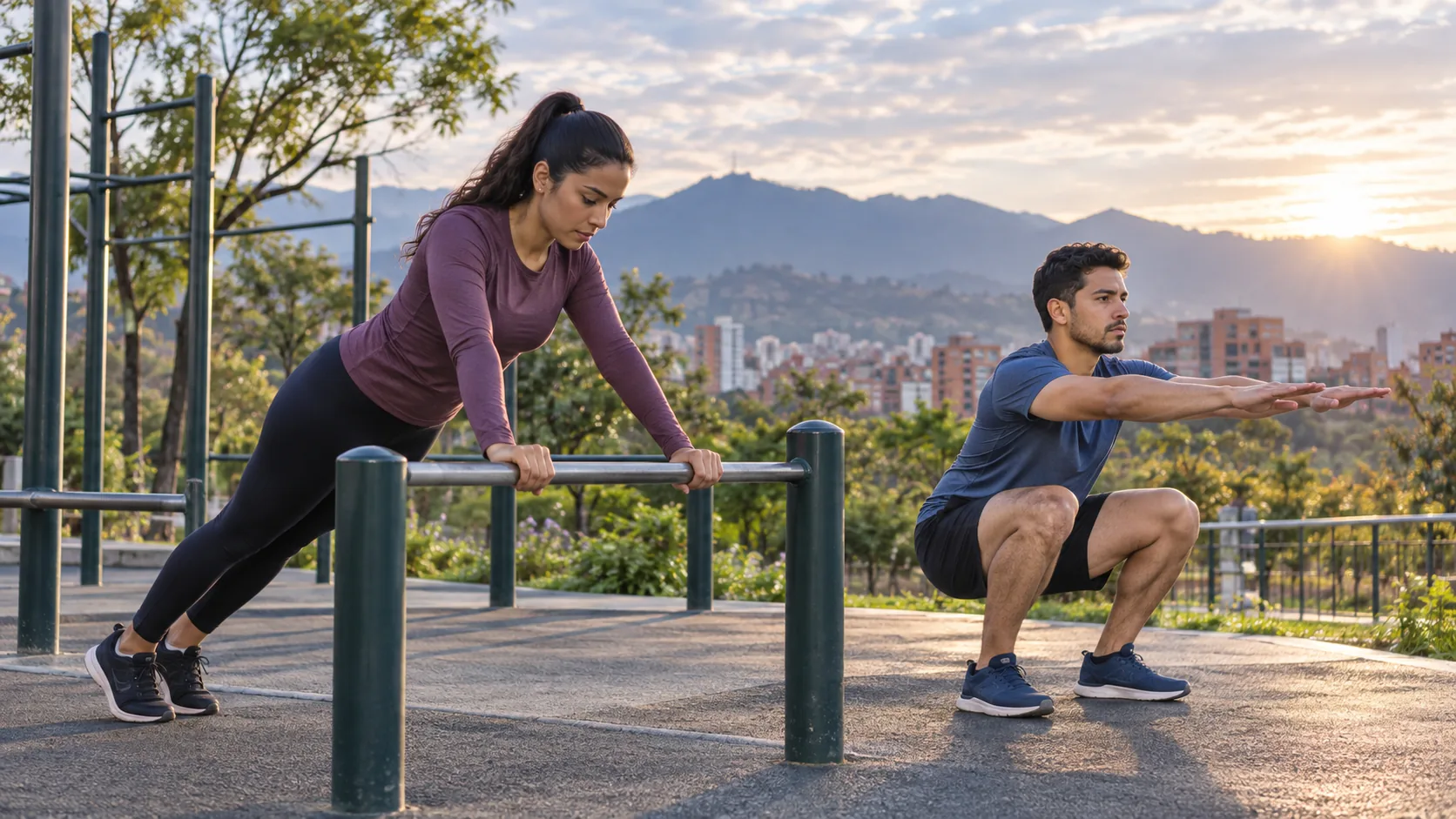 Mujer haciendo una flexión inclinada y hombre practicando una sentadilla en un parque urbano de Bogotá