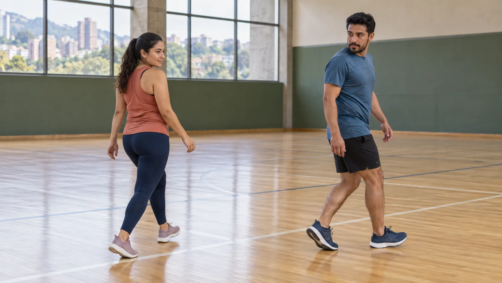 Dos adultos latinoamericanos practican caminar hacia atrás con pasos cortos en una cancha cubierta y despejada