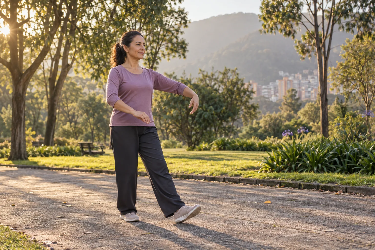 Mujer practicando un paso lento y controlado de caminata taichí en un parque