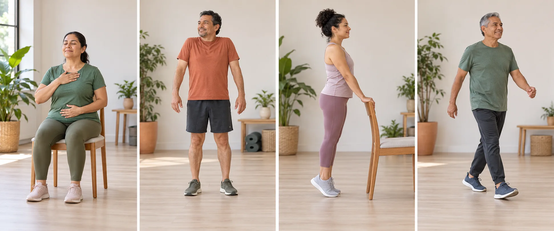 Secuencia de respiración sentada, círculos de hombros, elevaciones de talones con apoyo y caminata cómoda