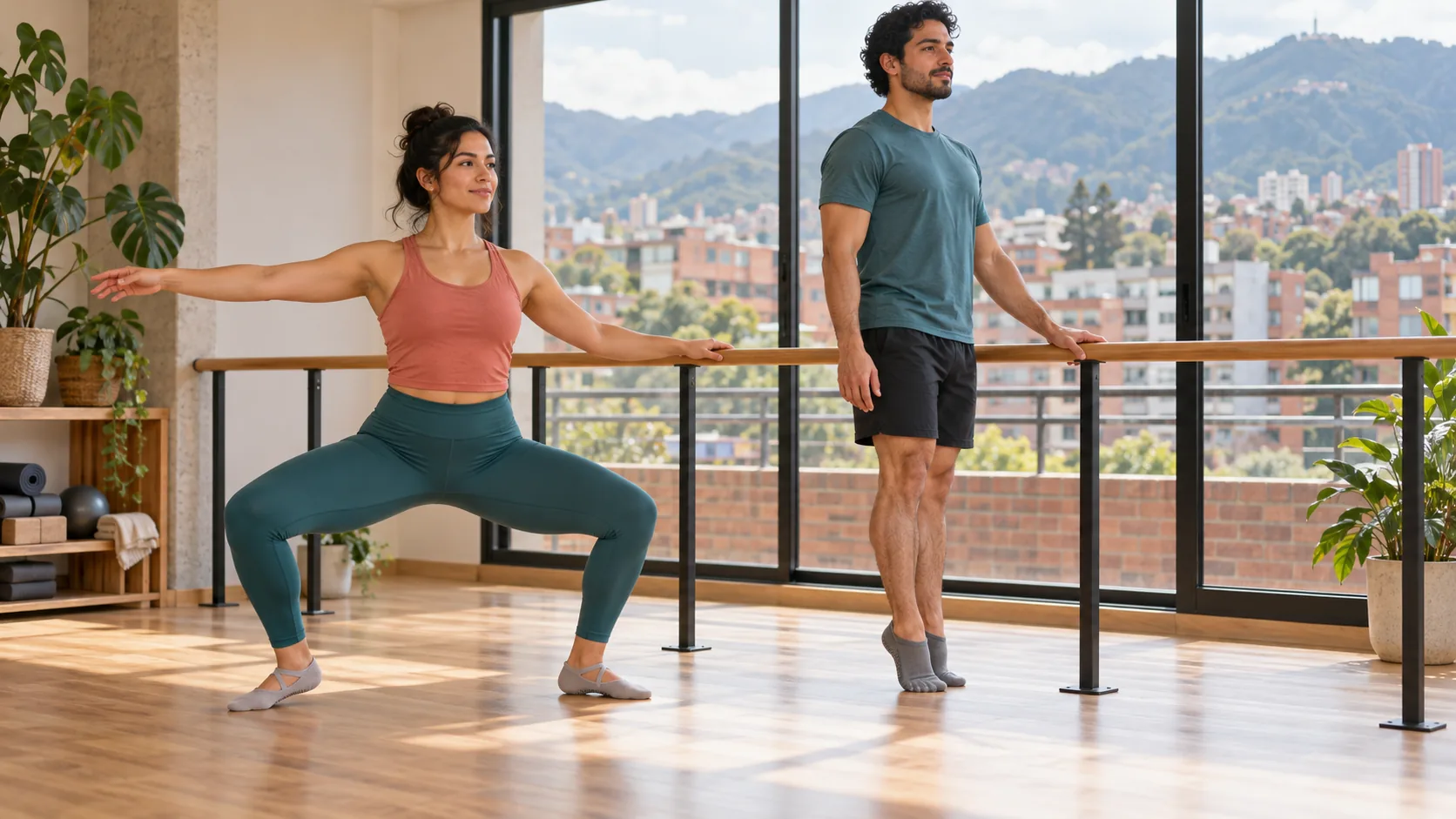 Dos adultos latinoamericanos practican plié y elevación de talones con apoyo durante una clase de barre en Bogotá