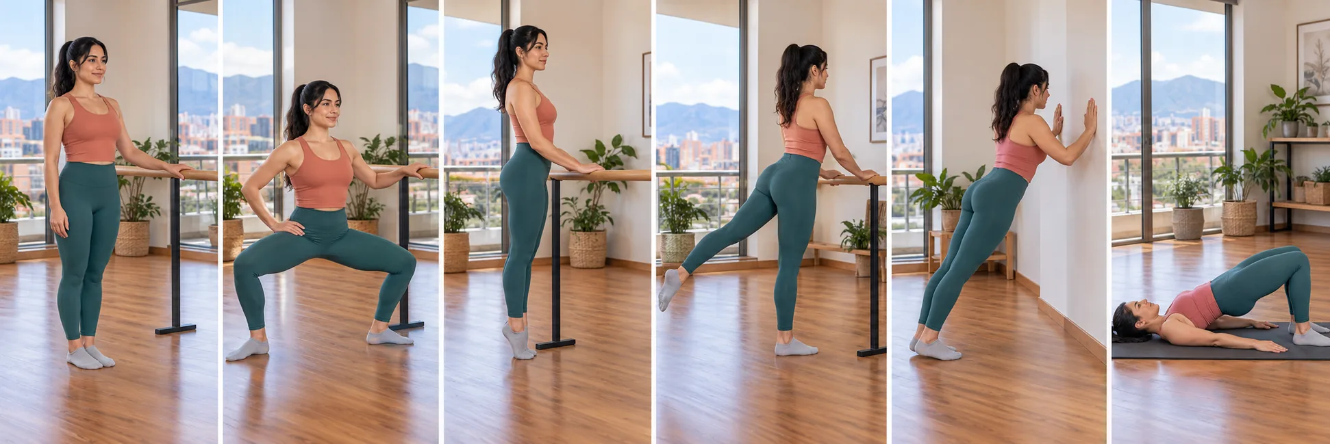 Secuencia de seis movimientos de barre: postura neutra, plié amplio, elevación de talones, extensión de cadera, flexión en pared y puente de glúteos