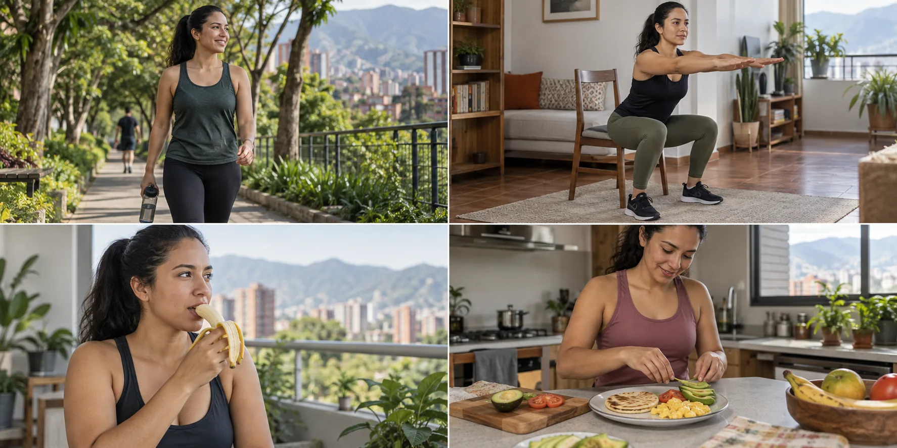 Secuencia de caminata suave, sentadilla a silla, banano antes de fuerza y desayuno después de entrenar