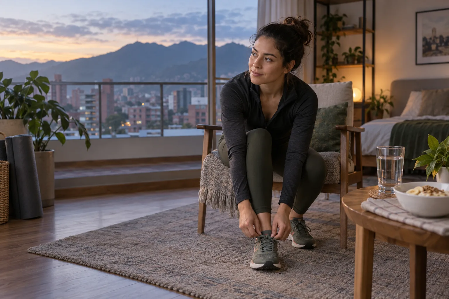 Mujer preparándose para entrenar al amanecer junto a agua y un desayuno sencillo