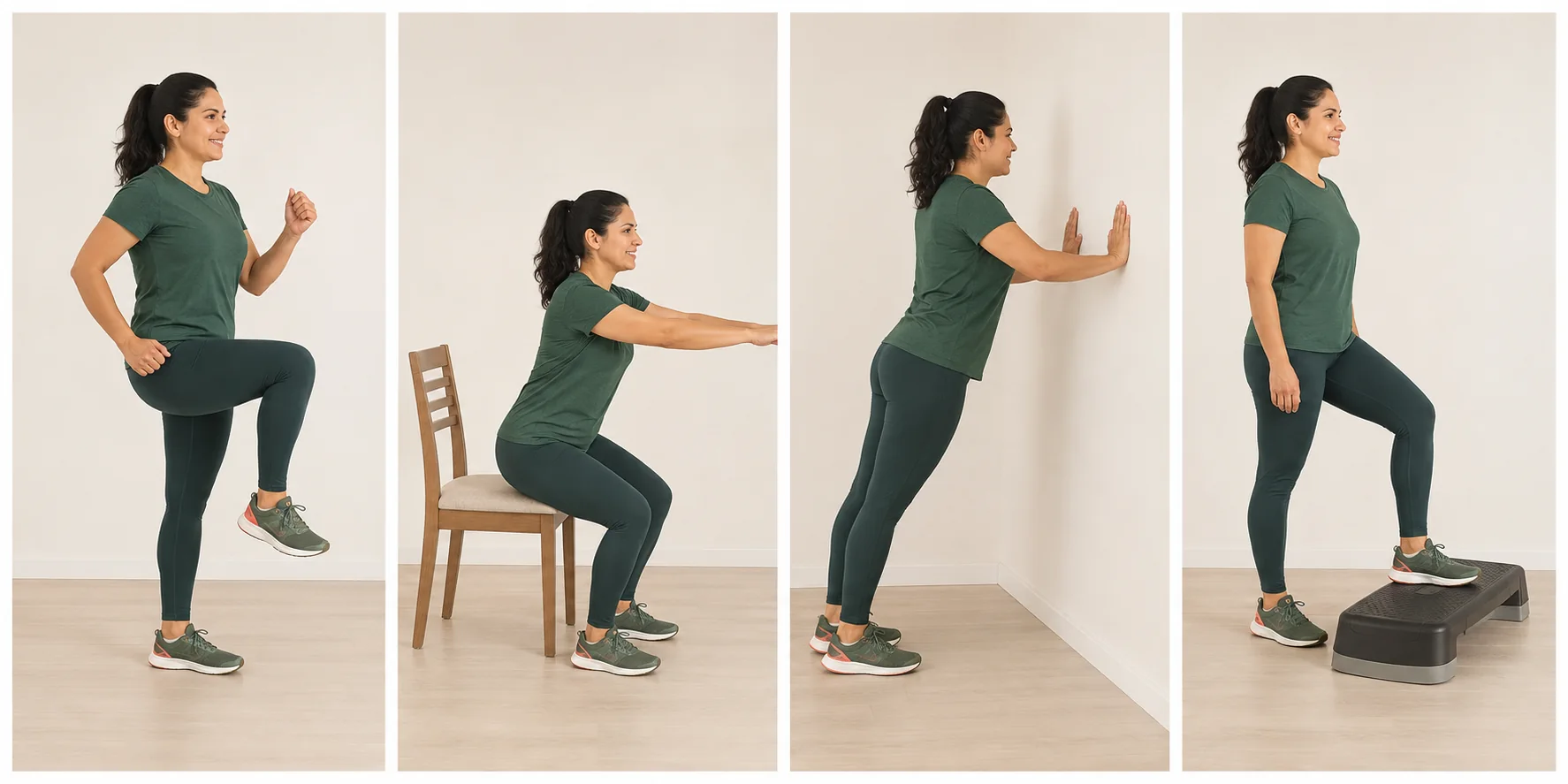 Cuatro ejemplos de microentrenamiento: marcha, levantarse de una silla, empuje en pared y subida a un escalón