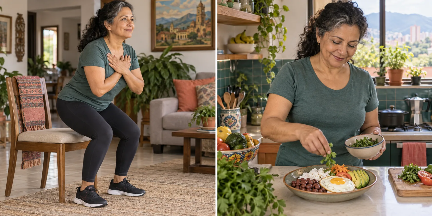 Mujer levantándose de una silla estable y preparando un plato con arroz, fríjoles, huevo y verduras