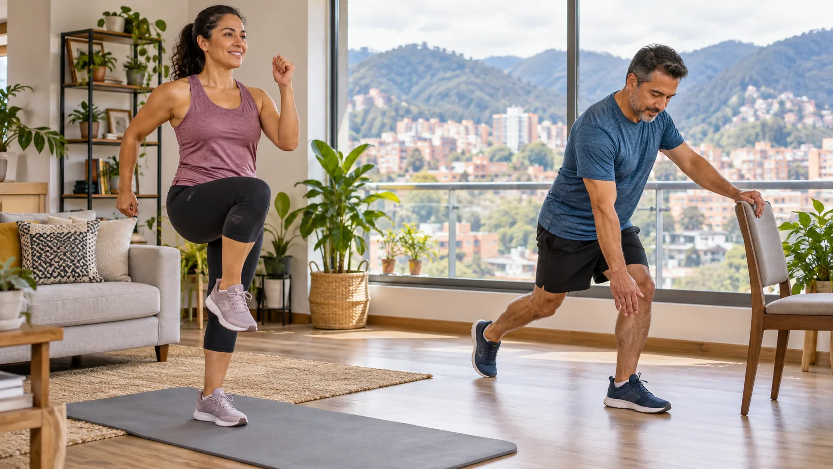 Mujer haciendo marcha rápida y hombre realizando un paso atrás apoyado en una silla durante una rutina HIIT de bajo impacto