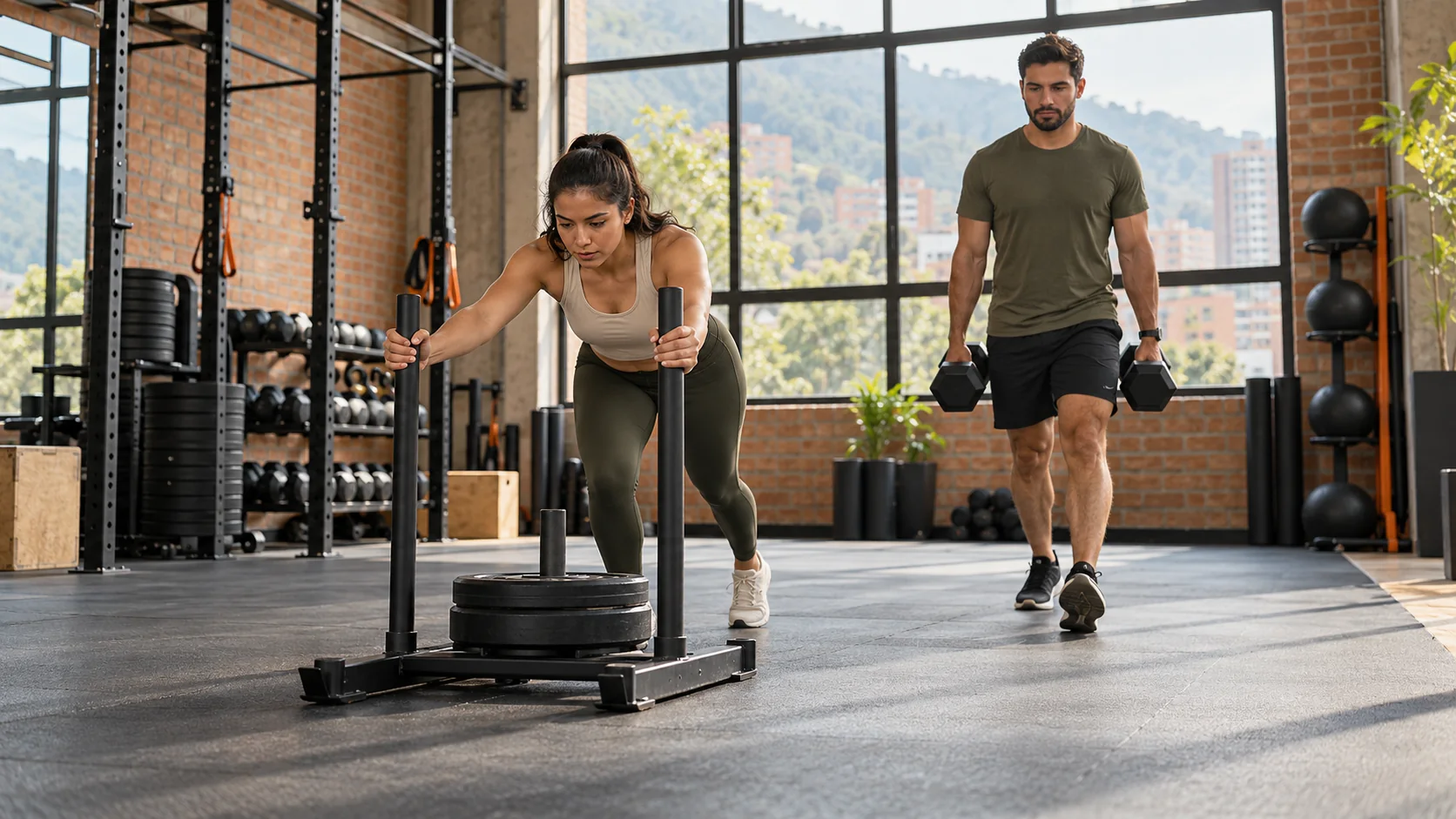 Mujer empujando un trineo ligero y hombre transportando mancuernas en un gimnasio funcional de Bogotá