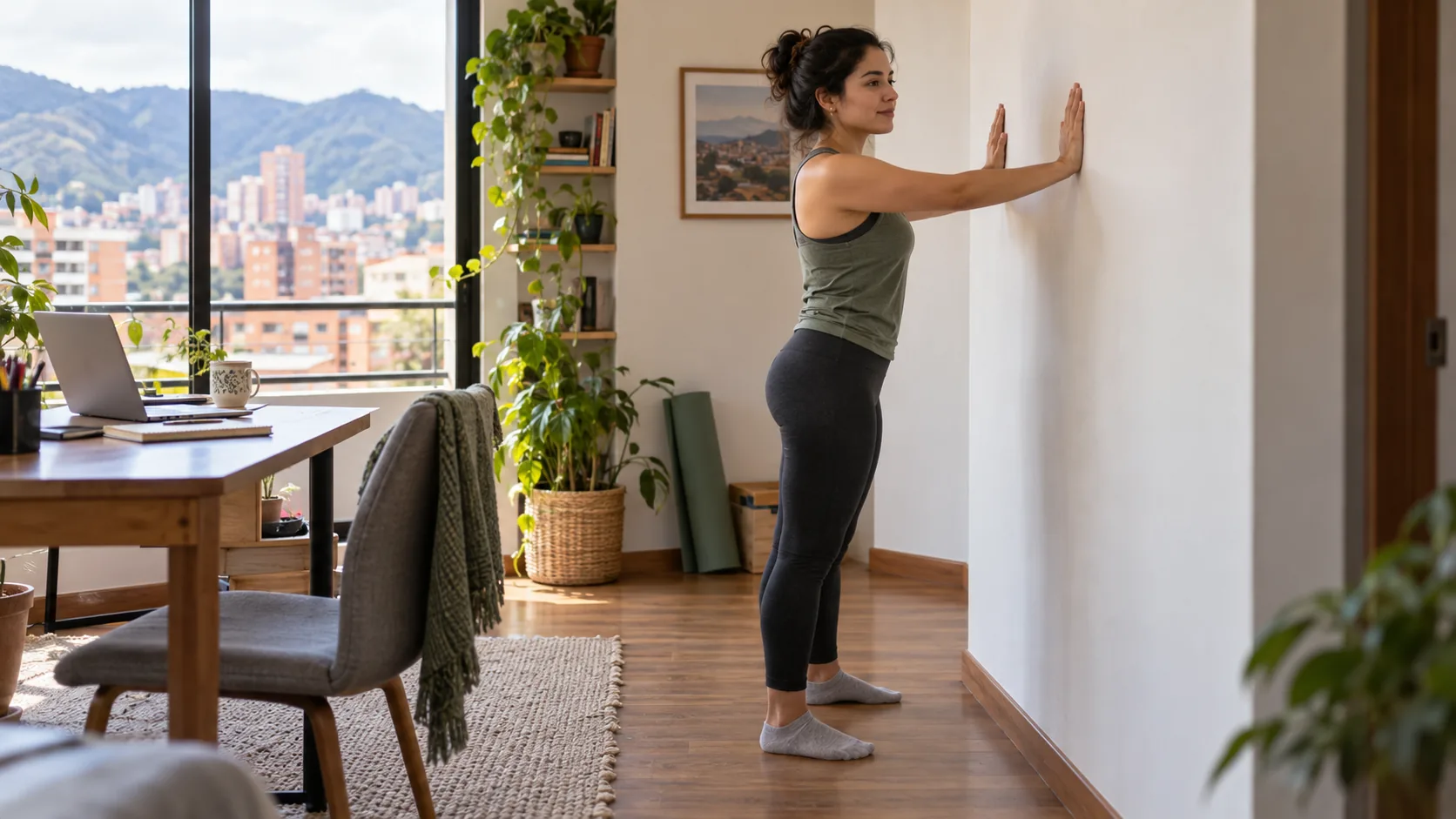 Mujer haciendo una pausa de movimiento junto a la pared en un apartamento con escritorio