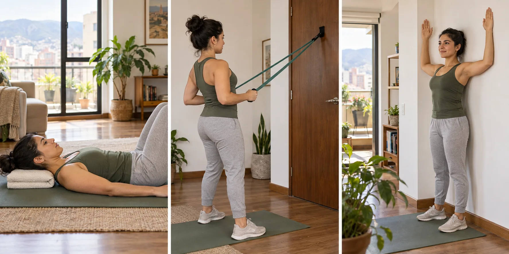 Secuencia de mujer practicando control cervical acostada, remo con banda en anclaje seguro y deslizamiento de brazos en pared