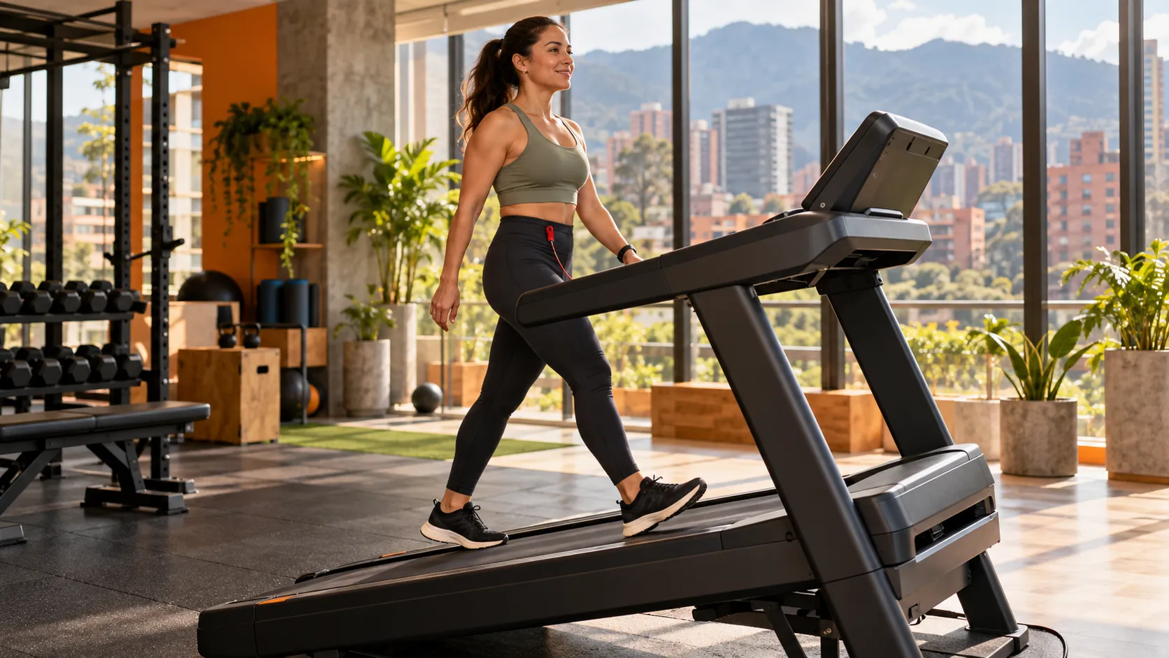 Mujer latinoamericana caminando en una caminadora inclinada en un gimnasio luminoso