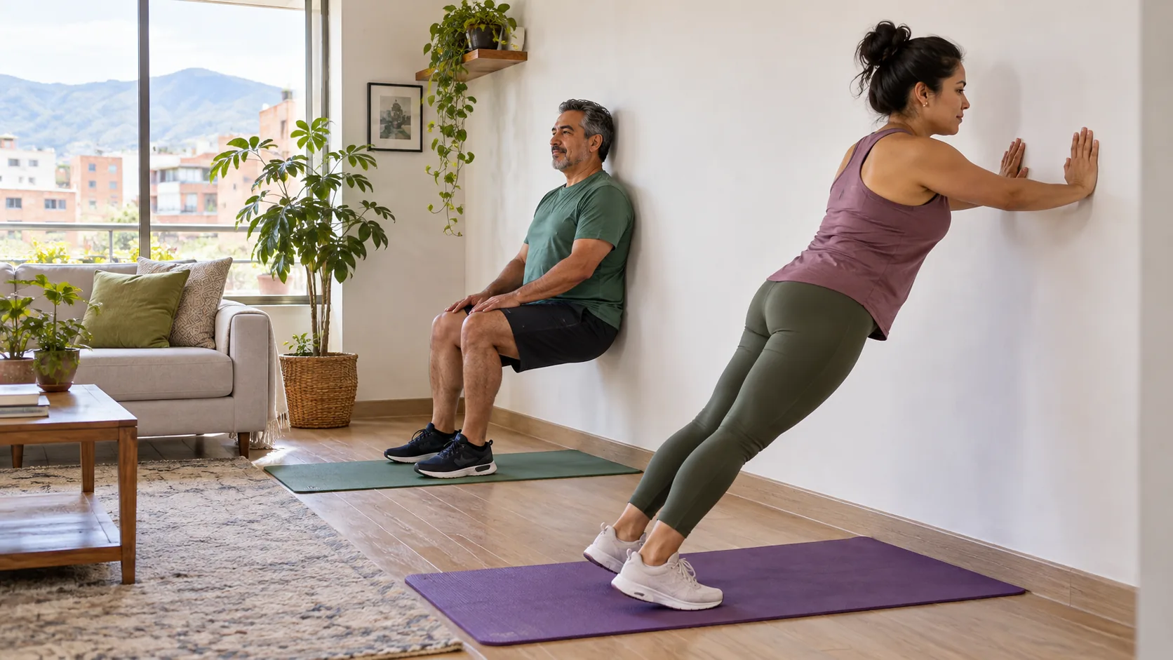 Dos adultos latinoamericanos realizan una sentadilla apoyada y una flexión inclinada durante una sesión de Pilates en pared en Bogotá