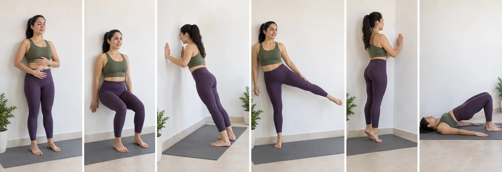 Secuencia de seis movimientos: respiración de pie, sentadilla en pared, flexión inclinada, abducción de cadera, elevación de talones y puente de glúteos