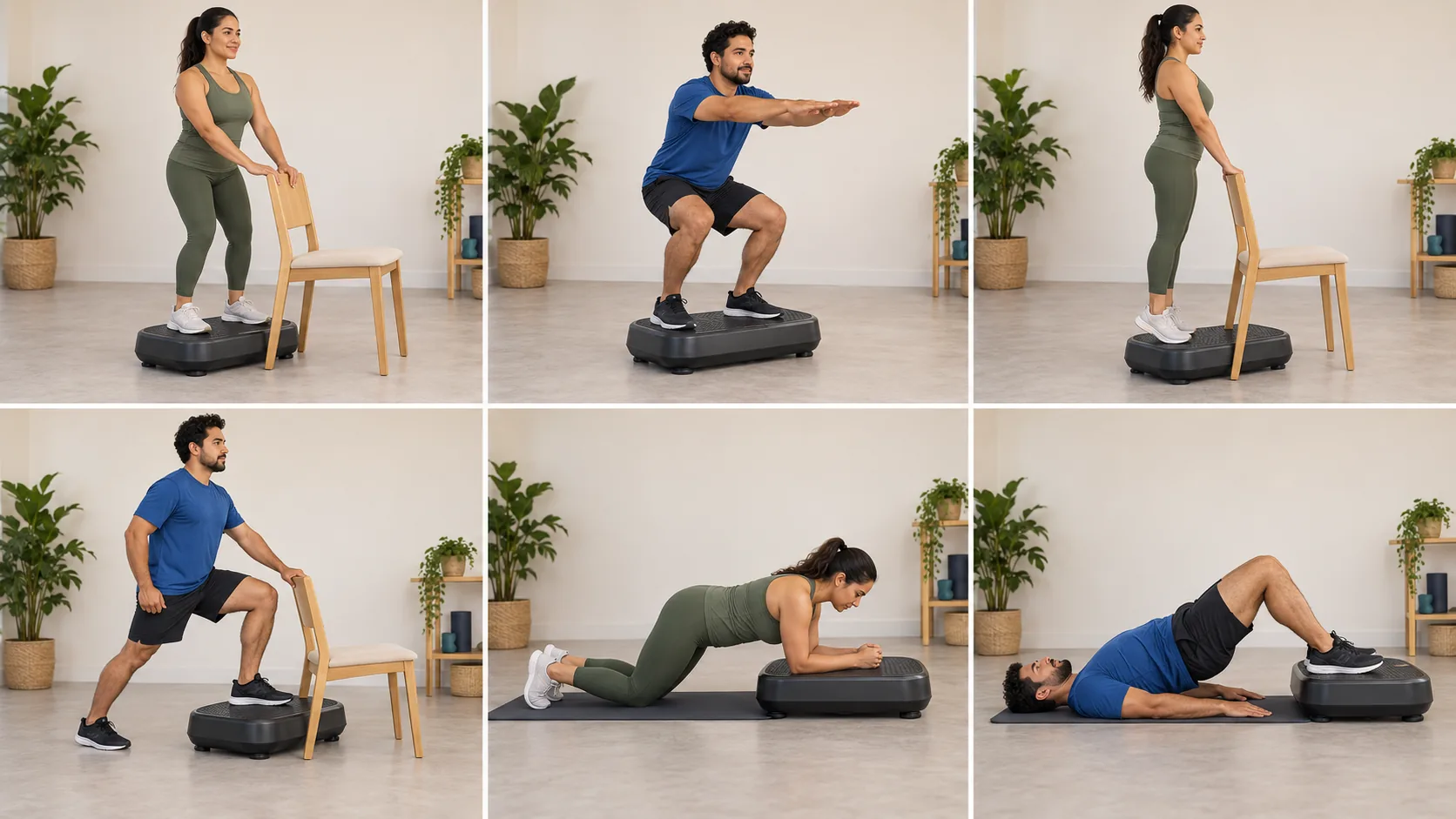 Seis posiciones con plataforma vibratoria: apoyo de pie, sentadilla, elevación de talón, postura dividida, plancha de rodillas y puente de glúteos