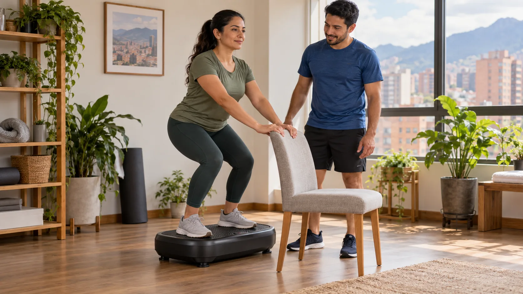Dos adultos latinoamericanos prueban una plataforma vibratoria con una silla estable como apoyo en un apartamento de Bogotá
