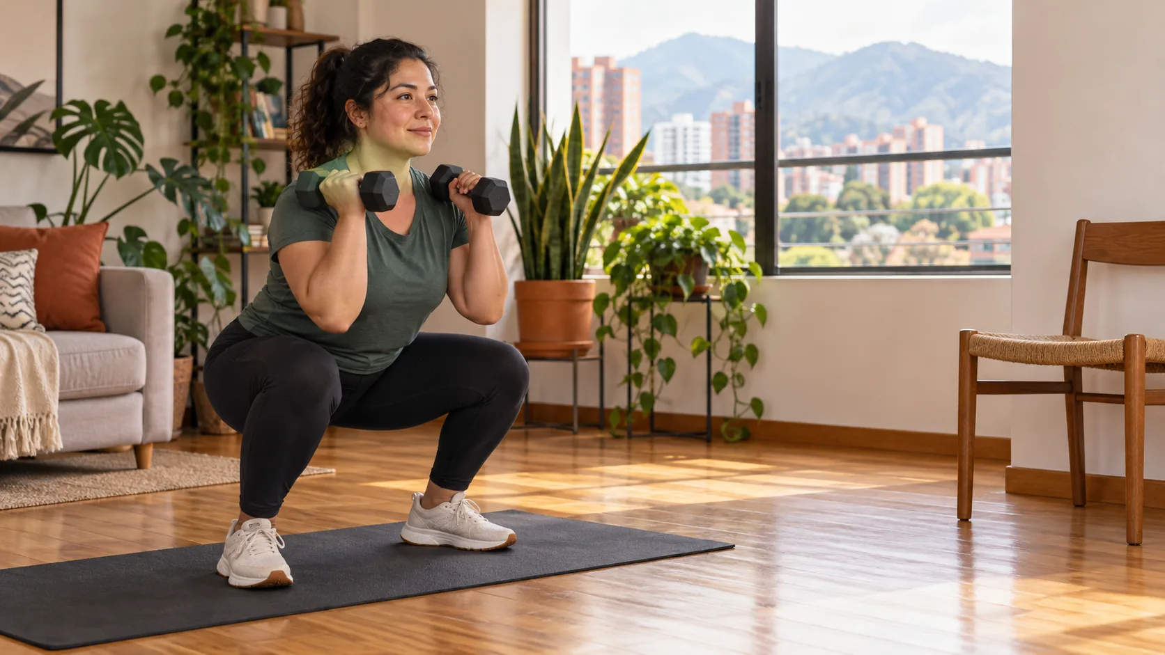 Mujer latinoamericana realiza una sentadilla controlada con mancuernas en casa