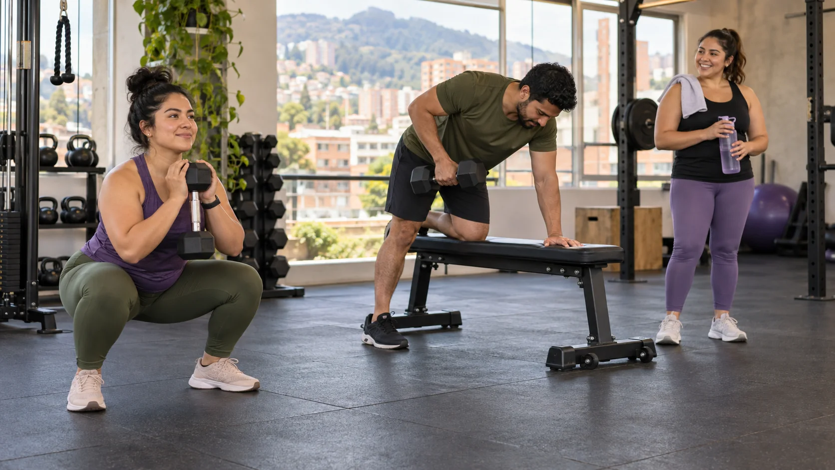 Tres adultos latinoamericanos hacen sentadilla con mancuerna y remo apoyado durante una rutina full body en un gimnasio de Bogotá