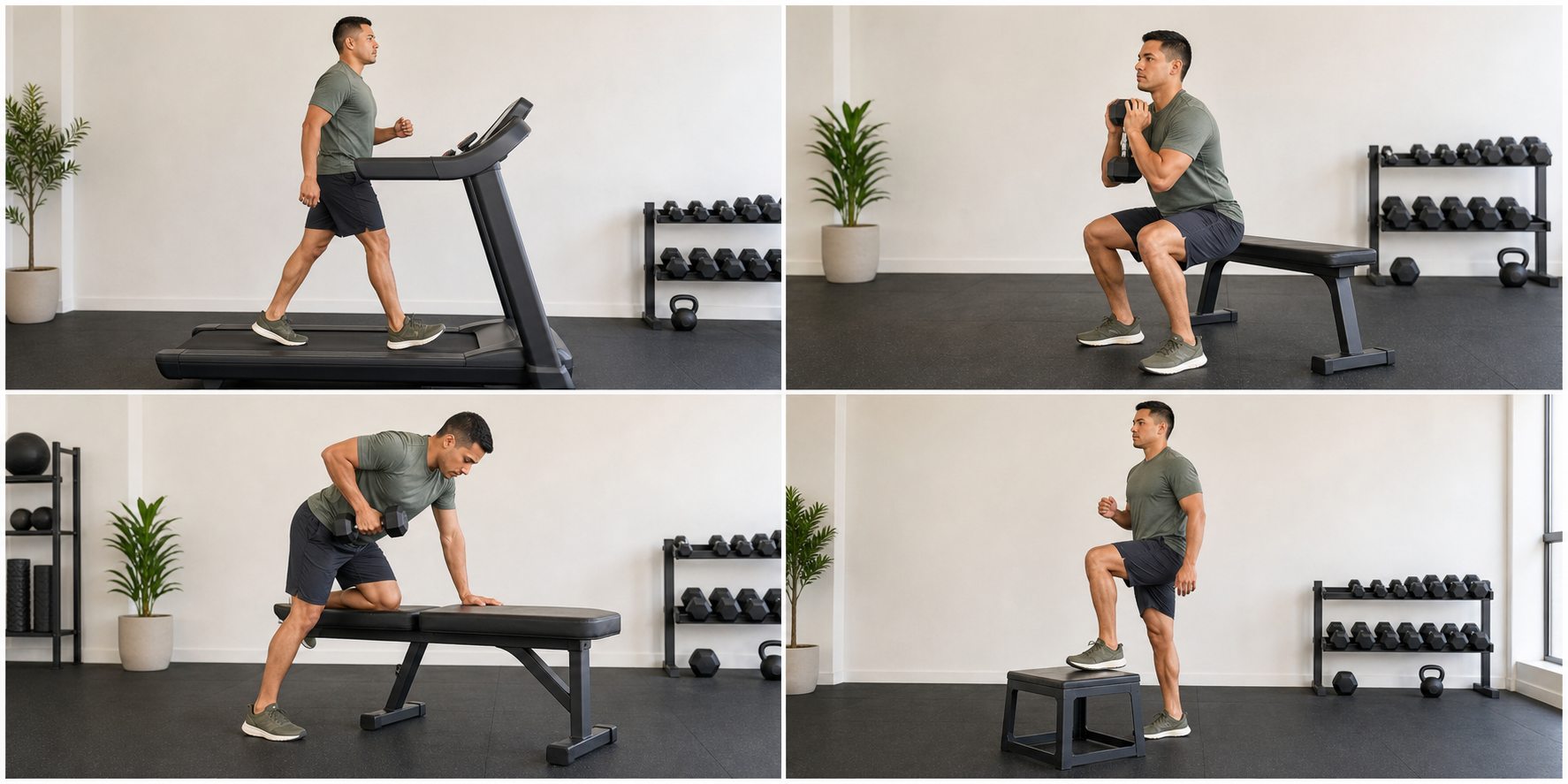 Cuatro movimientos para volver al gimnasio: caminata, sentadilla a banco, remo con mancuerna y subida a cajón bajo