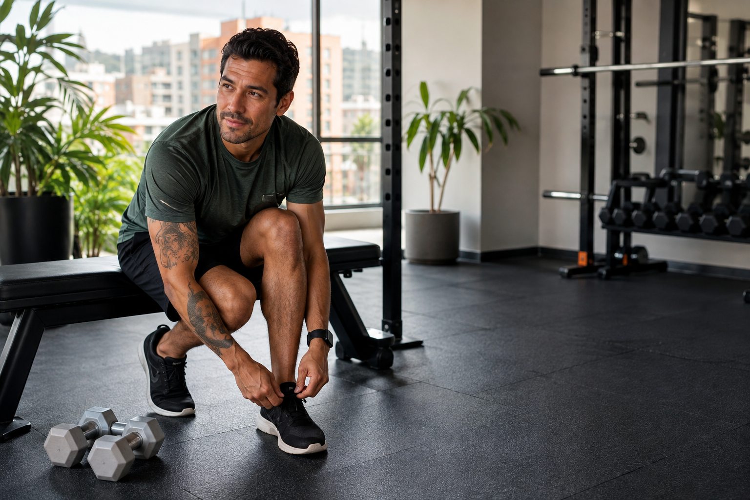 Hombre preparándose con calma para retomar una sesión de gimnasio con mancuernas ligeras
