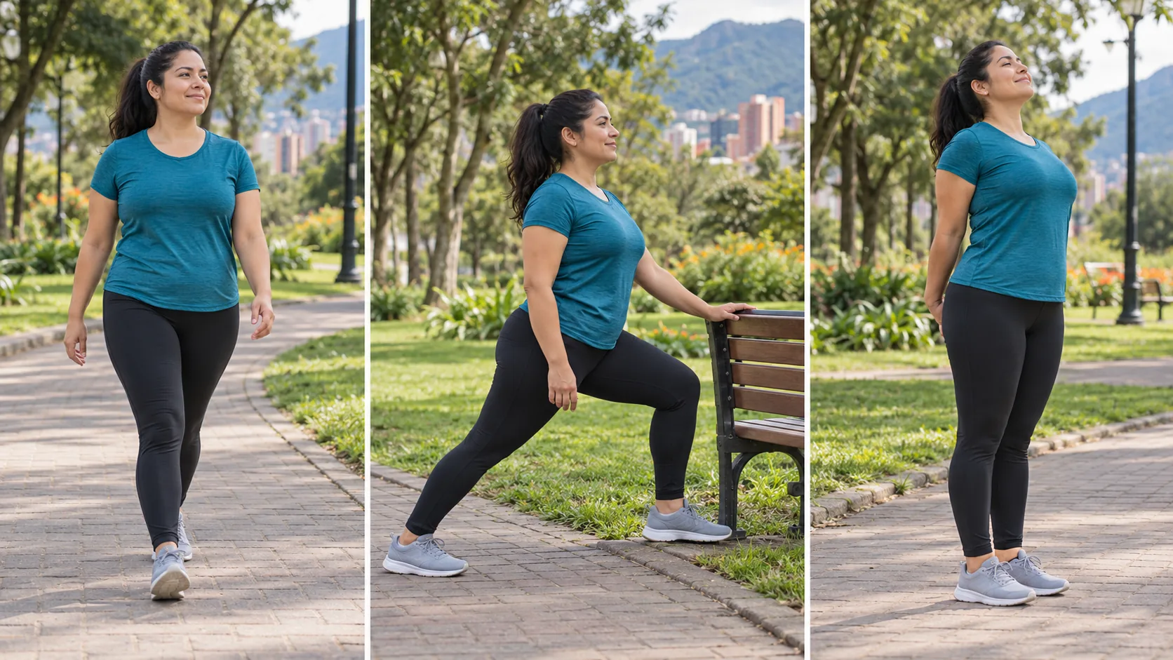 Secuencia de caminata, zancada con apoyo y apertura suave de pecho en un parque