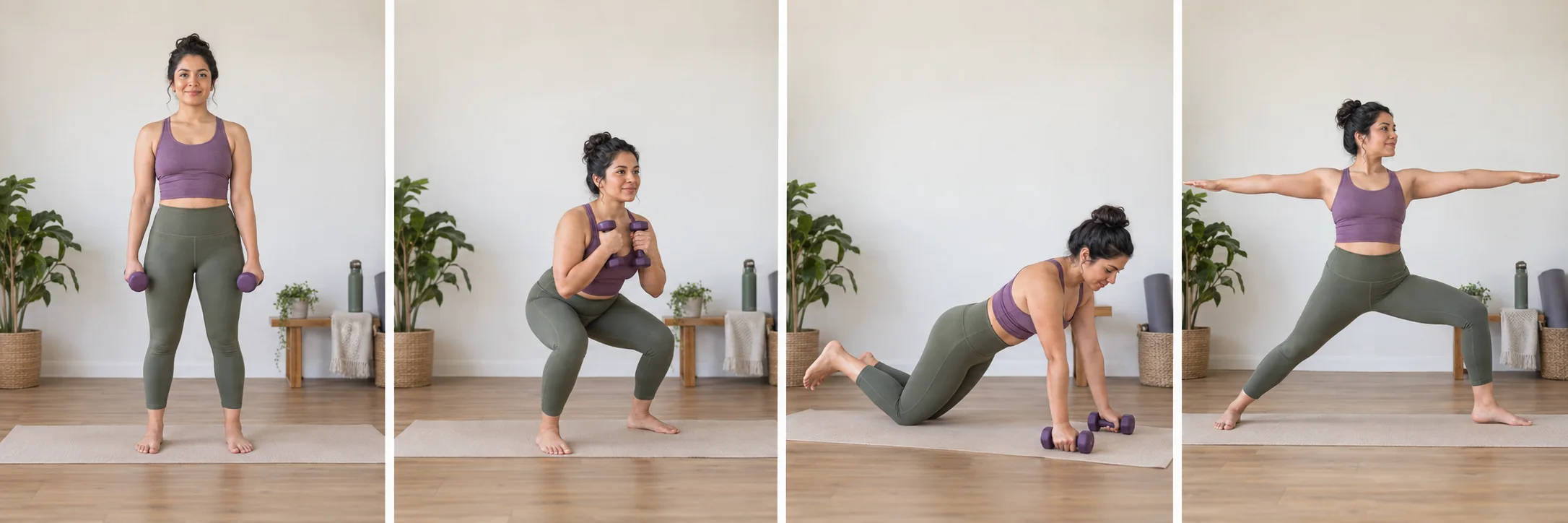 Secuencia de Yoga Sculpt con postura de montaña, sentadilla con mancuernas, plancha desde rodillas y guerrero dos