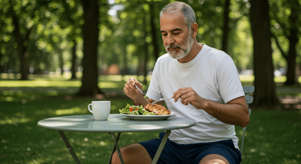 señor mayor anciano comiendo comida saludable al aire libre