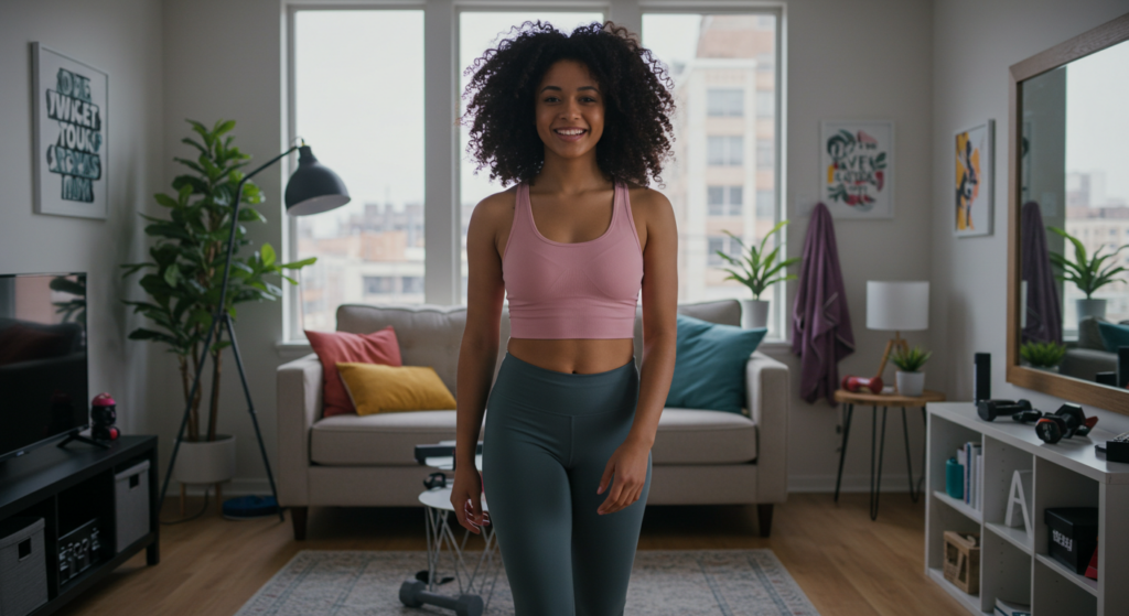 chica con rizos en ropa de yoga, preparandose mentalmente para iniciar su rutina de ejercicios en casa básicos