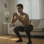muchacho haciendo sentadillas en casa, rutina para principiantes en casa sin equitpo - Fit Fat World