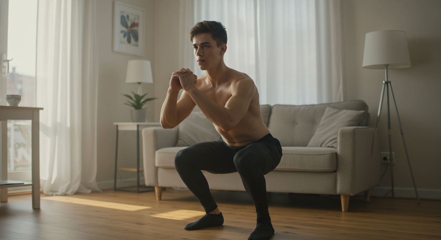 Feature image muchacho haciendo sentadillas en casa, rutina para principiantes en casa sin equitpo - Fit Fat World
