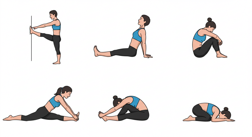 estiramientos para antes y después de entrenar en caricaturas de mujer