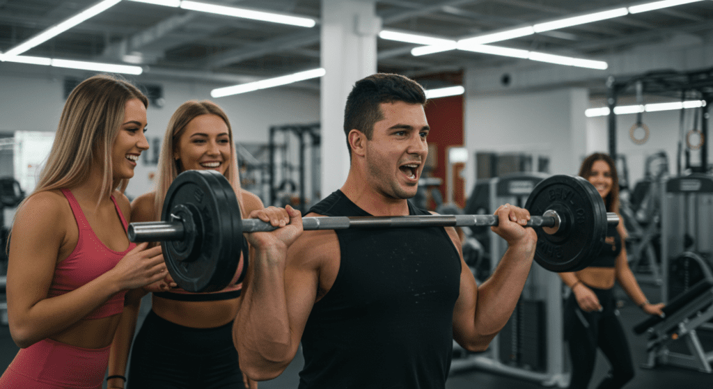 hombre motivado realizando rutinas de gym semanal con sus amigas mujeres guapas con ropa de gym