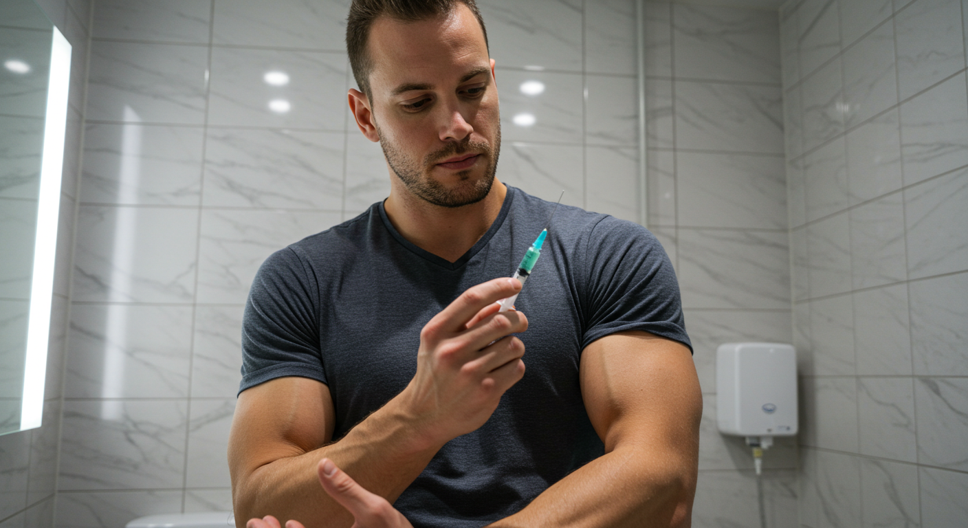 hombre musculoso sosteniendo jeringa, inyeccion de esteroides