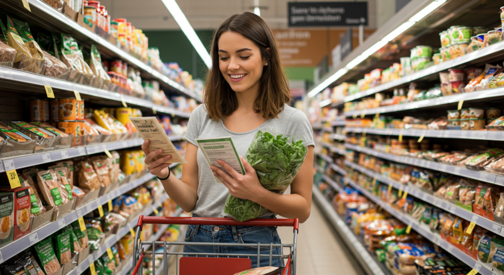 chica sonriendo al elegir los alimentos mas saludables del super mercado