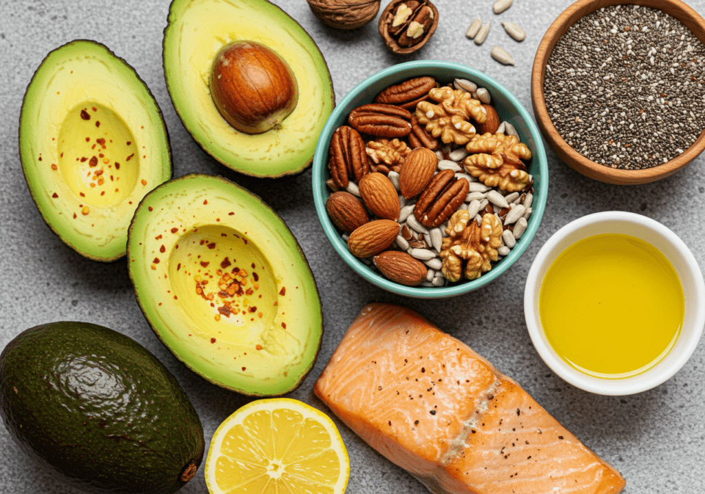 aguacate, semillas y salmón como fuente de grasas saludables