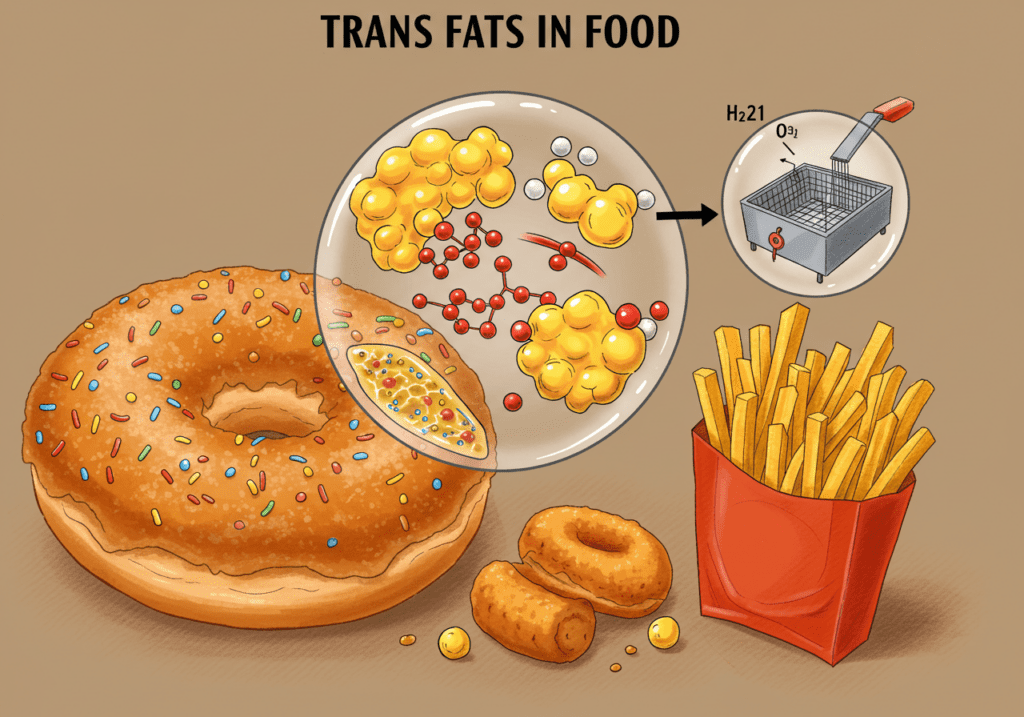 imagen ilustrativa en cartoon de los alimentos y las grasas trans